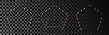 Illustration for Set of three rose gold glowing rounded pentagon shape frames isolated on dark transparent background. Shiny frame with glowing effects. Vector illustration - Royalty Free Image