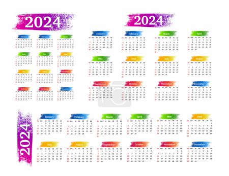 Set von drei Kalendern für 2024 in verschiedenen Formen isoliert auf weißem Hintergrund. Sonntag bis Montag, Geschäftsvorlage. Vektorillustration