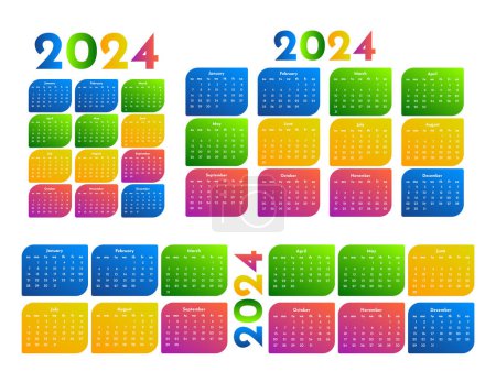 Ilustración de Conjunto de tres calendarios para 2024 en diferentes formas aisladas sobre un fondo blanco. De domingo a lunes, plantilla de negocios. Ilustración vectorial - Imagen libre de derechos