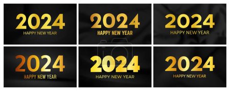 Illustration for 2024 Happy New Year background. Set of six modern greeting banner templates with gold 2024 New Year numbers on crumpled dark silk background. Vector illustration - Royalty Free Image