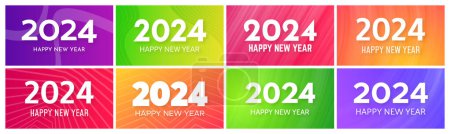 Illustration for 2024 Happy New Year backgrounds.  Set of eight modern greeting banner templates with white 2024 New Year numbers on colorful abstract backgrounds with lines. Vector illustration - Royalty Free Image