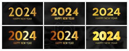 Ilustración de 2024 Feliz Año Nuevo fondo. Conjunto de seis plantillas de pancartas de felicitación modernas con números de oro de Año Nuevo 2024 sobre un fondo de seda oscura arrugada. Ilustración vectorial - Imagen libre de derechos