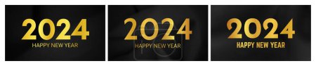 Téléchargez les illustrations : 2024 Happy New Year background. Ensemble de trois modèles modernes de bannière de salutation avec des numéros de Nouvel An 2024 or sur fond de soie sombre froissée. Illustration vectorielle - en licence libre de droit