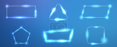 Illustration for Set of six neon frames in different geometric forms with shining effects and sparkles on blue background. Empty glowing techno backdrop. Vector illustration - Royalty Free Image