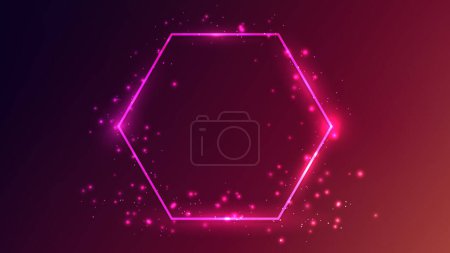 Illustration for Neon hexagon frame with shining effects and sparkles on dark pink background. Empty glowing techno backdrop. Vector illustration - Royalty Free Image