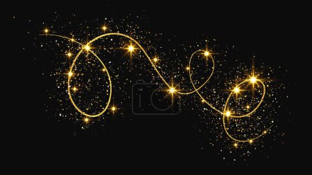 Gold glittering confetti wave and stardust. Golden magical sparkles on dark background. Vector illustration