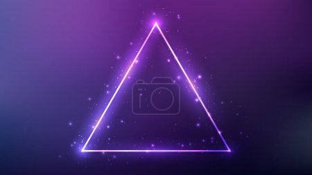 Illustration for Neon triangle frame with shining effects and sparkles on dark purple background. Empty glowing techno backdrop. Vector illustration - Royalty Free Image