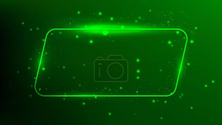 Illustration for Neon rounded parallelogram frame with shining effects and sparkles on dark green background. Empty glowing techno backdrop. Vector illustration - Royalty Free Image