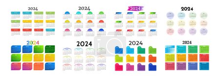 Illustration for Set of eight calendars for 2024 isolated on a white background. Sunday to Monday, business template. Vector illustration - Royalty Free Image