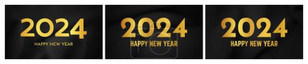 Illustration for 2024 Happy New Year background. Set of three modern greeting banner templates with gold 2024 New Year numbers on crumpled dark silk background. Vector illustration - Royalty Free Image
