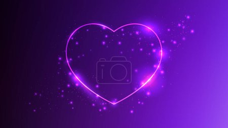 Téléchargez les illustrations : Cadre néon en forme de coeur avec des effets brillants et scintille sur fond violet foncé. Fond techno étincelant vide. Illustration vectorielle - en licence libre de droit