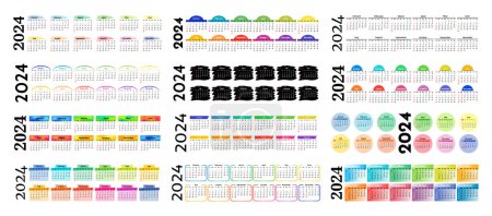 Ilustración de Gran conjunto de calendarios horizontales para 2024 aislados sobre un fondo blanco. De domingo a lunes, plantilla de negocios. Ilustración vectorial - Imagen libre de derechos