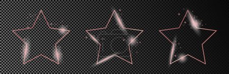 Illustration for Set of three rose gold glowing star shape frames isolated on dark transparent background. Shiny frame with glowing effects. Vector illustration - Royalty Free Image