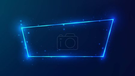 Illustration for Neon trapezoid frame with shining effects and sparkles on dark blue background. Empty glowing techno backdrop. Vector illustration - Royalty Free Image