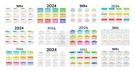 Ilustración de Gran conjunto de calendarios para 2024 aislados sobre un fondo blanco. De domingo a lunes, plantilla de negocios. Ilustración vectorial - Imagen libre de derechos