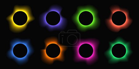 Téléchargez les illustrations : Circle illuminate frame with gradient. Set of eight round neon banners isolated on black background. Vector illustration - en licence libre de droit