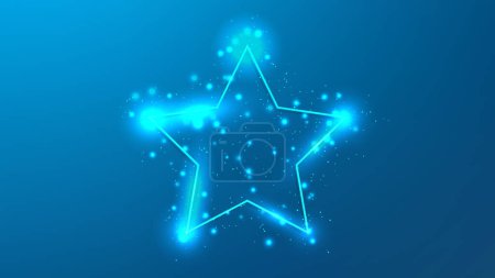 Illustration for Neon frame in star form with shining effects and sparkles on blue background. Empty glowing techno backdrop. Vector illustration - Royalty Free Image