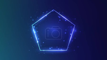 Illustration for Neon frame in pentagon form with shining effects and sparkles on dark blue background. Empty glowing techno backdrop. Vector illustration - Royalty Free Image