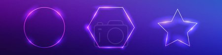 Illustration for Set of three neon frames with shining effects on dark blue background. Empty glowing techno backdrop. Vector illustration - Royalty Free Image