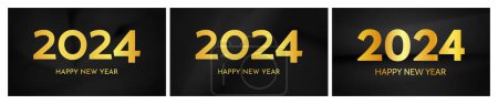 Ilustración de 2024 Feliz Año Nuevo fondo. Conjunto de tres plantillas de pancartas de felicitación modernas con números de oro de Año Nuevo 2024 sobre un fondo de seda oscura arrugada. Ilustración vectorial - Imagen libre de derechos