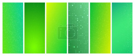 Téléchargez les illustrations : Ensemble de six décors géométriques abstraits à dégradé vert avec carrés. Fond pixel avec espace vide. Illustration vectorielle - en licence libre de droit