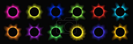 Illustration for Circle illuminate frame with gradient. Big set of round neon banners isolated on black background. Vector illustration - Royalty Free Image