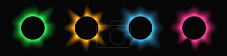 Téléchargez les illustrations : Circle illuminate frame with gradient. Set of four round neon banners isolated on black background. Vector illustration - en licence libre de droit