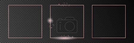 Illustration for Set of three rose gold glowing square frames isolated on dark transparent background. Shiny frame with glowing effects. Vector illustration - Royalty Free Image