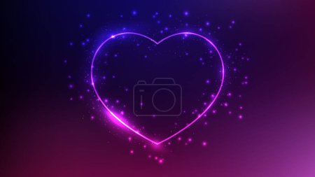Illustration for Neon frame in heart form with shining effects and sparkles on dark purple background. Empty glowing techno backdrop. Vector illustration - Royalty Free Image