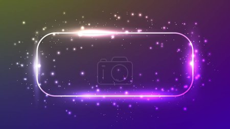 Ilustración de Marco rectangular redondeado de neón con efectos brillantes y destellos sobre fondo púrpura oscuro. Fondo tecno brillante vacío. Ilustración vectorial - Imagen libre de derechos