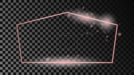 Illustration for Rose gold glowing tetragon shape frame isolated on dark transparent background. Shiny frame with glowing effects. Vector illustration - Royalty Free Image