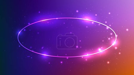 Illustration for Neon oval frame with shining effects and sparkles on dark purple background. Empty glowing techno backdrop. Vector illustration - Royalty Free Image