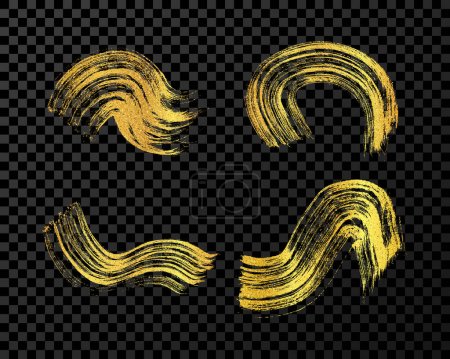 Illustration for Gold brush stroke. Set of four hand drawn ink spots isolated on dark transparent background. Vector illustration - Royalty Free Image