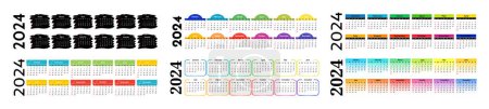 Illustration for Set of six horizontal calendars for 2024 isolated on a white background. Sunday to Monday, business template. Vector illustration - Royalty Free Image