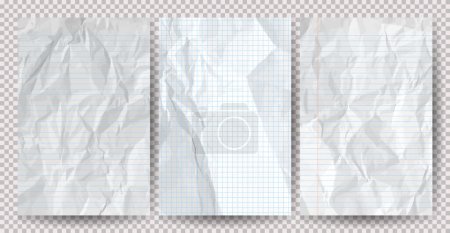 Illustration for Set of white clean crumpled papers on a transparent background. Crumpled empty notebook sheets of paper with shadow for posters and banners. Vector illustration - Royalty Free Image
