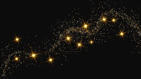 Téléchargez les illustrations : Onde de confettis scintillantes d'or et poussière d'étoiles. Ensemble de trois fonds avec des étincelles magiques dorées sur fond sombre. Illustration vectorielle - en licence libre de droit