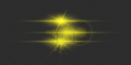 Illustration for Light effect of lens flares. Three yellow horizontal glowing light starburst effects with sparkles on a grey transparent background. Vector illustration - Royalty Free Image