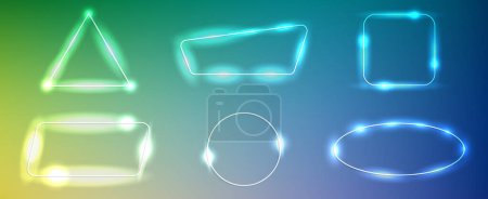 Illustration for Set of six neon frames in different geometric forms with shining effects and sparkles on green background. Empty glowing techno backdrop. Vector illustration - Royalty Free Image