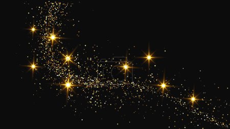 Téléchargez les illustrations : Onde de confettis scintillantes d'or et poussière d'étoiles. Ensemble de trois fonds avec des étincelles magiques dorées sur fond sombre. Illustration vectorielle - en licence libre de droit