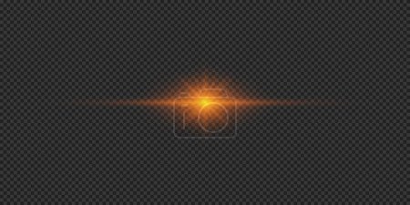 Illustration for Light effect of lens flares. Orange horizontal glowing light starburst effect with sparkles on a grey transparent background. Vector illustration - Royalty Free Image