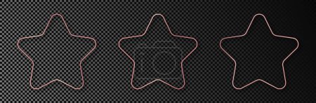 Ilustración de Set de tres marcos de oro rosa con forma de estrella redondeada brillante aislados sobre fondo transparente oscuro. Marco brillante con efectos brillantes. Ilustración vectorial - Imagen libre de derechos