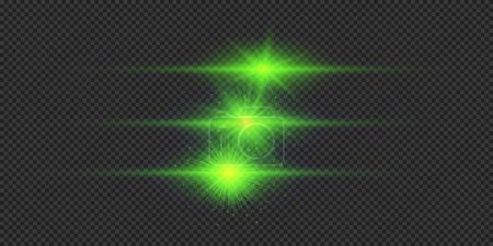 Illustration for Light effect of lens flares. Three green horizontal glowing light starburst effects with sparkles on a grey transparent background. Vector illustration - Royalty Free Image