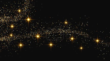 Ilustración de Oro brillante onda confeti y polvo de estrellas. Conjunto de tres telones de fondo con destellos mágicos dorados sobre fondo oscuro. Ilustración vectorial - Imagen libre de derechos