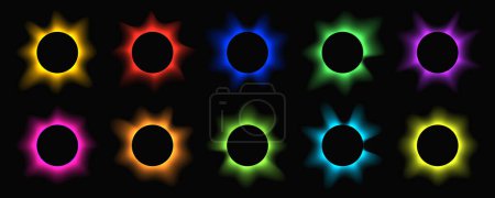 Ilustración de Circle illuminate frame with gradient. Big set of round neon banners isolated on black background. Vector illustration - Imagen libre de derechos