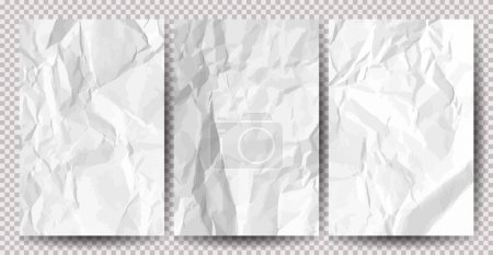 Illustration for Set of white clean crumpled papers on transparent background. Crumpled empty sheets of paper with shadow for posters and banners. Vector illustration - Royalty Free Image
