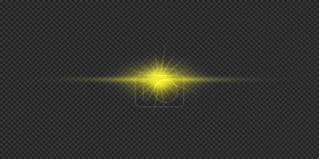 Illustration for Light effect of lens flares. Yellow horizontal glowing light starburst effect with sparkles on a grey transparent background. Vector illustration - Royalty Free Image