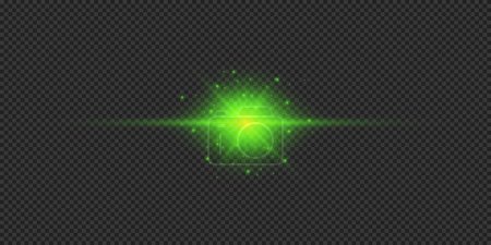 Illustration for Light effect of lens flares. Green horizontal glowing light starburst effect with sparkles on a grey transparent background. Vector illustration - Royalty Free Image