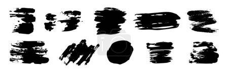 Téléchargez les illustrations : Coups de pinceau grunge noir. Ensemble de taches d'encre peintes à la main noires. Taches d'encre isolées sur fond blanc. Illustration vectorielle - en licence libre de droit