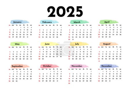 Illustration for Calendar for 2025 isolated on a white background. Sunday to Monday, business template. Vector illustration - Royalty Free Image