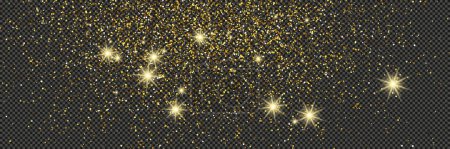 Illustration for Gold glittering dust with stars on a gray transparent background. Dust with gold glitter effect and empty space for your text.  Vector illustration - Royalty Free Image
